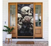 Couverture de porte de bienvenue au printemps - Grande bannière à suspendre - Fleurs noires et blanches et tête de mort - Panneau de bienvenue - Panneau de porte de bienvenue - Rideaux de fenêtre