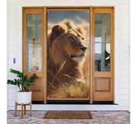 Couverture de porte de bienvenue au printemps - Grande bannière à suspendre - Lion de prairie - Panneau de bienvenue - Panneau de bienvenue pour porte et fenêtre - Décoration extérieure saisonnière