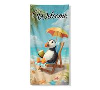Couverture de porte de bienvenue avec oiseau - Scène de plage tropicale - Décoration de porte d'entrée amusante de style dessin animé - Panneau à suspendre en plein air - 91,4 x 183 cm