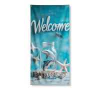 Couverture de porte de bienvenue dauphins - Décoration extérieure - Bannière de porte d'entrée sur le thème de l'océan - Décoration de fête nautique saisonnière d'été - 91,4 x 183 cm