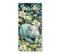 Couverture de porte de bienvenue en forme d'hippopotame mignon, motif floral aquarelle fantaisie pour intérieur et extérieur, salutation printanière, entrée de la maison sur le thème de la nature