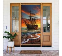 Couverture de porte de bienvenue - Rideaux occultants - Décoration de fenêtre - Rideau de fenêtre - Bateau pirate au coucher du soleil - Panneau de porche saisonnier - Fond photo - Bannière murale