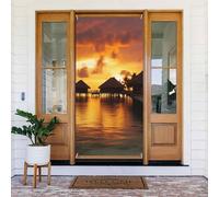 Couverture de porte de bienvenue - Rideaux occultants - Décorations de fenêtre - Rideaux de fenêtre - Tahiti Resort - Coucher de soleil - Panneau de porche saisonnier - Fond photo - Bannière murale