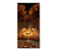 Couverture de porte de camping douillette - Bannière décorative, scène de forêt rustique avec tentes et feu de camp, décoration d'intérieur en plein air, fournitures de festival d'automne 91,4 x 183
