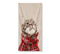 Couverture de porte de chat de Noël décorative, portrait de félin mignon avec écharpe rouge, décoration intérieure et extérieure de vacances, 91,4 x 183 cm