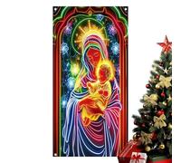 Couverture de porte de crèche - Lumières fluorescentes UV, scène religieuse de la nuit sainte | Grande bannière décorative festive | Tenture murale pour fenêtre, maison, église, fond de fête