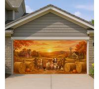Couverture de porte de garage au coucher du soleil - Vaches rustiques de campagne - Balles de foin - Décoration d'intérieur pour porche, terrasse, cour, fête extérieure, 400 x 180 cm