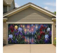 Couverture de porte de garage avec feux d'artifice et iris festifs, grande bannière colorée de fête, décoration de garage, été et jour de l'indépendance, décoration extérieure de 400 x 180 cm