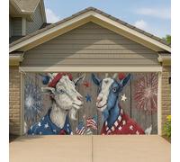 Couverture de porte de garage avec feux d'artifice patriotiques, motif chèvres, animaux de ferme d'été lumineux, grande bannière de garage, décoration extérieure du 4 juillet 400 x 180 cm