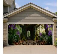 Couverture de porte de garage avec forêt magique, scène de nature enchantée avec fleurs violettes, décoration extérieure pour les vacances d'automne et d'hiver, 397 x 180 cm