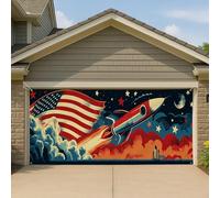 Couverture de porte de garage avec fusée patriotique, grande bannière de style aventure pour décoration extérieure de célébration 397 x 180 cm