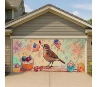 Couverture de porte de garage avec oiseaux patriotiques, feux d'artifice vintage et dessert festif, grande bannière de garage, décoration extérieure du 4 juillet, 400 x 180 cm