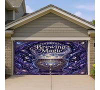 Couverture de porte de garage chaudron, fantastique, étoiles, nuages, Halloween, violet, bannière de porte de garage, décoration d'intérieur pour jardin, extérieur, fête, 400 x 180 cm