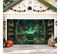 Couverture de porte de garage chaudron mystique effrayante citrouilles bougies Halloween vert bannière de porte de garage décoration d'intérieur pour jardin, extérieur, fête intérieure, 397 x 180 cm