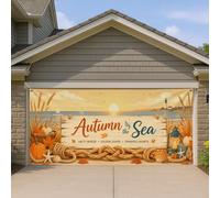 Couverture de porte de garage citrouilles - Feuilles rustiques côtières - Phare d'automne - Décoration d'intérieur pour jardin, terrasse, extérieur et intérieur - Toile de fond de fête - 400 x 180 cm
