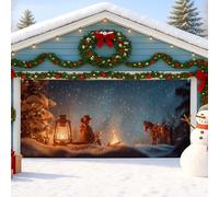 Couverture de porte de garage de cowboy d'hiver, décorations rustiques de lanterne et de scène de cheval, décoration extérieure de vacances enneigées, art de garage sur le thème de Noël, 397 x 180 cm
