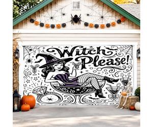 Couverture de porte de garage de sorcière, potion de chaudron fantaisiste et ludique, toile de fond pour Halloween, décoration d'intérieur pour cour, extérieur, fête, toile de fond noire, 397 x 180 cm