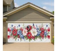 Couverture de porte de garage d'été patriotique à motif floral, grande bannière de fleurs rouges, blanches et bleues, coccinelle Americana décoration de vacances 397 x 180 cm