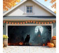 Couverture de porte de garage effrayante d'Halloween, loup noir et château hanté, grandes décorations de porte de garage, décoration de fond de fête d'Halloween, intérieur et extérieur, 400 x 180 cm