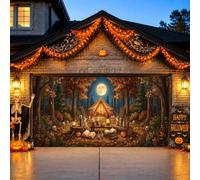 Couverture de porte de garage effrayante pour tente de camping Halloween | Paysage forestier, décorations de porte de garage, pleine lune, feuilles d'automne, lanternes, décoration extérieure