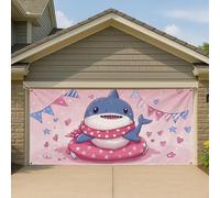 Couverture de porte de garage en forme de requin de dessin animé, rose, adorable océan, grande bannière de garage, décoration d'intérieur et d'extérieur, décoration de fond de fête d'anniversaire, 397
