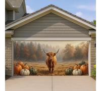 Couverture de porte de garage en forme de vache des Highlands, citrouilles d'automne rustiques, brouillard, orange, décoration d'intérieur pour jardin, extérieur, fête intérieure, 397 x 180 cm