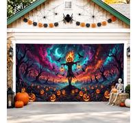 Couverture de porte de garage épouvantail gothique effrayant citrouilles corbeaux Halloween orange bannière de porte de garage décoration d'intérieur pour jardin, cour, extérieur et intérieur, toile