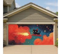 Couverture de porte de garage fantaisie chat fusée, grande bannière de garage, décoration amusante et fantaisie, arrière-plan extérieur 397 x 180 cm