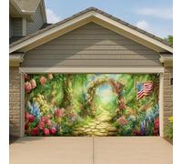 Couverture de porte de garage florale américaine Freedom - Jardin enchanté coloré - Grande bannière de garage - Décoration de fond de fête en plein air pour printemps et été - 397 x 180 cm