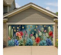 Couverture de porte de garage motif cactus patriotique, grande bannière succulente du désert américain, décoration pour le jour de l'indépendance d'été, décoration extérieure, 400 x 180 cm