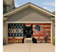 Couverture de porte de garage motif chat de cuisine patriotique, rouge, bleu, vintage, étoilé, grande bannière de garage, décoration intérieure et extérieure, décoration de fond de fête de vacances