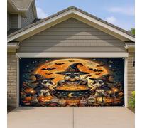 Couverture de porte de garage motif chien schnauzer Halloween 1,8 x 4 m vintage chiot, chaudron de sorcière, décoration murale d'intérieur ou d'extérieur effrayante pour photographie de fond à