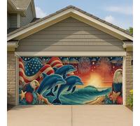 Couverture de porte de garage motif dauphin patriotique, coucher de soleil vintage, océan, grande bannière de garage pour le jour de l'indépendance, décoration d'été extérieure, 397 x 180 cm