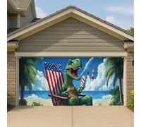 Couverture de porte de garage motif dinosaure patriotique, bannière du 4 juillet, grande décoration saisonnière de vacances extérieures, 397 x 180 cm