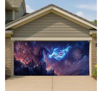 Couverture de porte de garage motif dragon patriotique fantastique, bleu mystique grande bannière de garage, décoration extérieure pour le jour de l'indépendance, 400 x 180 cm