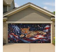 Couverture de porte de garage motif léopard patriotique, animal cosmique coloré, grande bannière de garage, décoration d'été pour l'extérieur, animaux sauvages américains, 397 x 180 cm