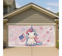 Couverture de porte de garage motif licorne patriotique de dessin animé, rose, mignon, fantaisie, grande bannière de garage, décoration d'été intérieure et extérieure américaine, décoration de