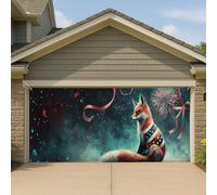 Couverture de porte de garage motif renard patriotique, galaxie, feu d'artifice, grande bannière de garage, décoration de fête d'été en plein air, 400 x 180 cm