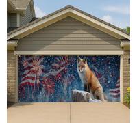 Couverture de porte de garage motif renard patriotique, rouge, blanc, bleu, animal sauvage, grande bannière, décoration rustique pour les vacances d'hiver, 400 x 180 cm