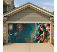 Couverture de porte de garage motif sirène patriotique - Feu d'artifice étoilé - Grande bannière de garage - Décoration d'été intérieure et extérieure - Décoration de célébration américaine - 397 x