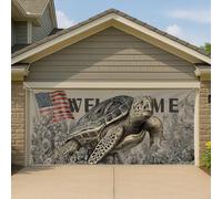Couverture de porte de garage motif tortue patriotique, noir, vintage, motif floral, grande bannière de garage, décorations de fête en plein air, fond animal, 397 x 180 cm
