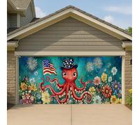 Couverture de porte de garage patriotique à motif floral coloré de dessin animé Americana - Grande bannière de garage - Décoration de fête d'été extérieure du 4 juillet - 400 x 180 cm