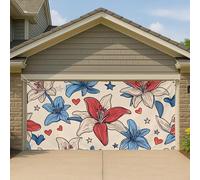 Couverture de porte de garage patriotique à motif floral rouge, blanc et bleu, grande bannière de garage, décoration d'été intérieure et extérieure pour fête de l'indépendance, 400 x 180 cm