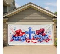 Couverture de porte de garage patriotique à motif floral rouge et bleu, bannière rustique Americana Memorial Day pour décoration de fête d'été en plein air, 400 x 180 cm