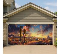 Couverture de porte de garage patriotique avec feux d'artifice, coucher de soleil dans le désert, scène rustique, grande bannière de décoration extérieure, vacances d'automne, décoration de jardin 397