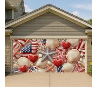 Couverture de porte de garage patriotique en coquillages inspirés de l'océan Americana Cœur Étoile Grande décoration extérieure Bannière d'été 400 x 180 cm