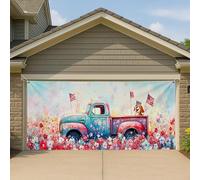 Couverture de porte de garage patriotique florale bleue vintage camion grande bannière de garage, décorations d'été, intérieur et extérieur, célébration des États-Unis 397 x 180 cm