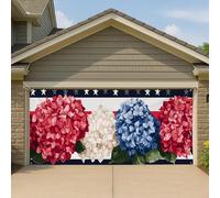 Couverture de porte de garage patriotique hortensia rouge, blanc et bleu, grande bannière de garage, décoration extérieure pour le jour de l'indépendance d'été, 400 x 180 cm