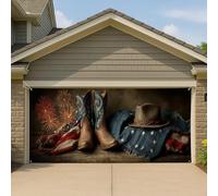 Couverture de porte de garage patriotique occidentale rustique, botte de cowboy vintage et chapeau, grande bannière de garage, décoration de fond de fête saisonnière en plein air, 397 x 180 cm