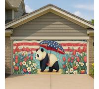 Couverture de porte de garage patriotique panda et floral, grande bannière d'été et 4 juillet, décoration botanique mignonne 397 x 180 cm